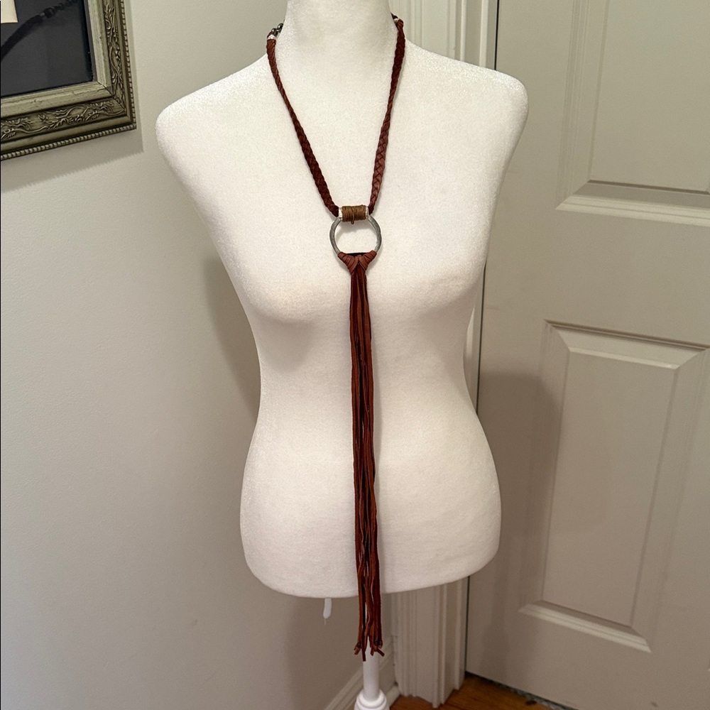 Braided Leather Necklace with Ring Accent - Picture 2 of 5
